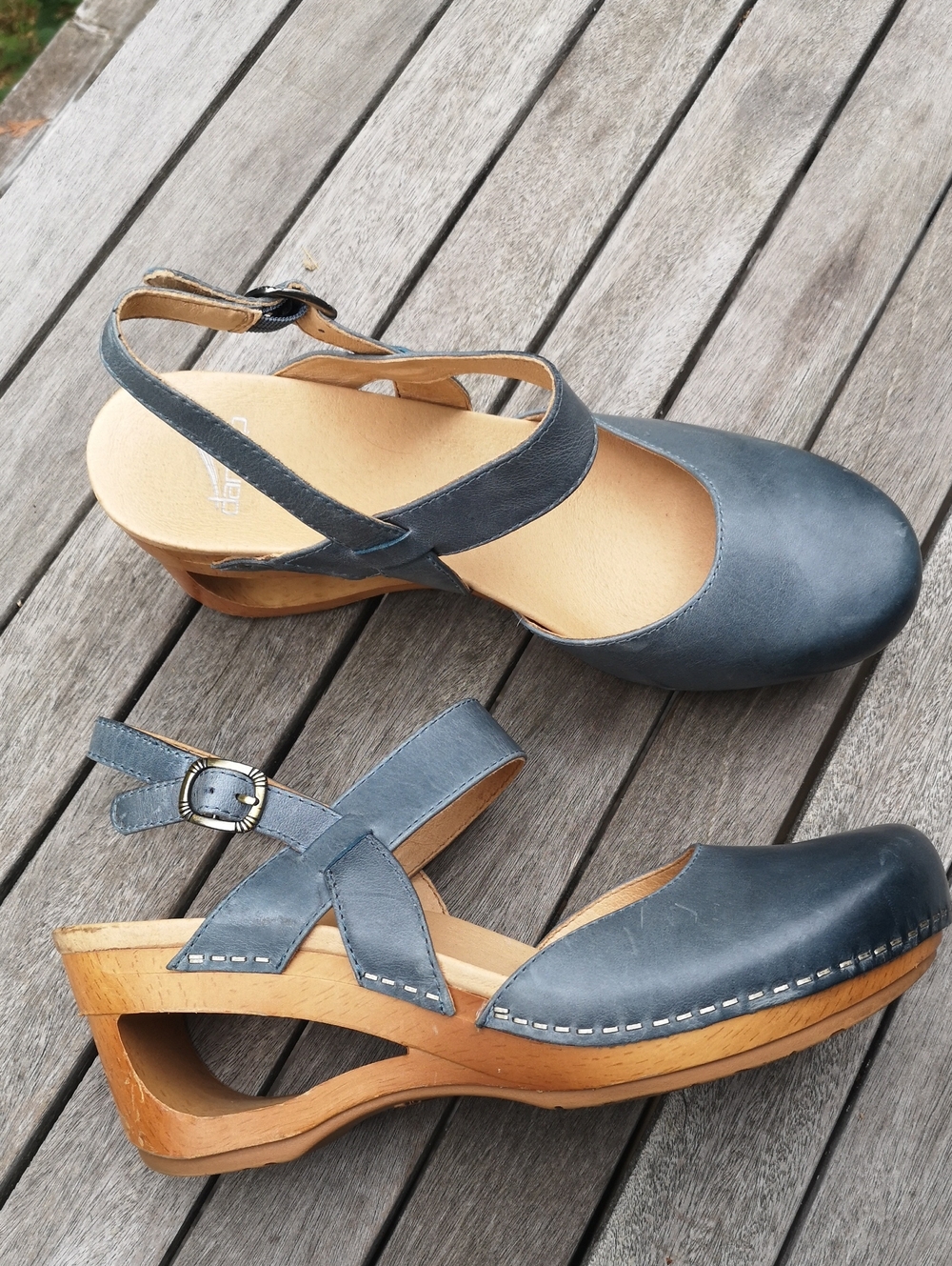 Dansko leather Mary Jane style clogs w cut-out wedge heel